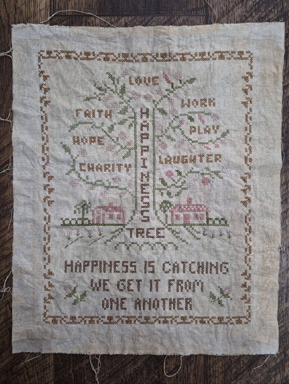 Vintage Happiness Tree Embroidered Cross Stitch Sampler Linen Fabric Large